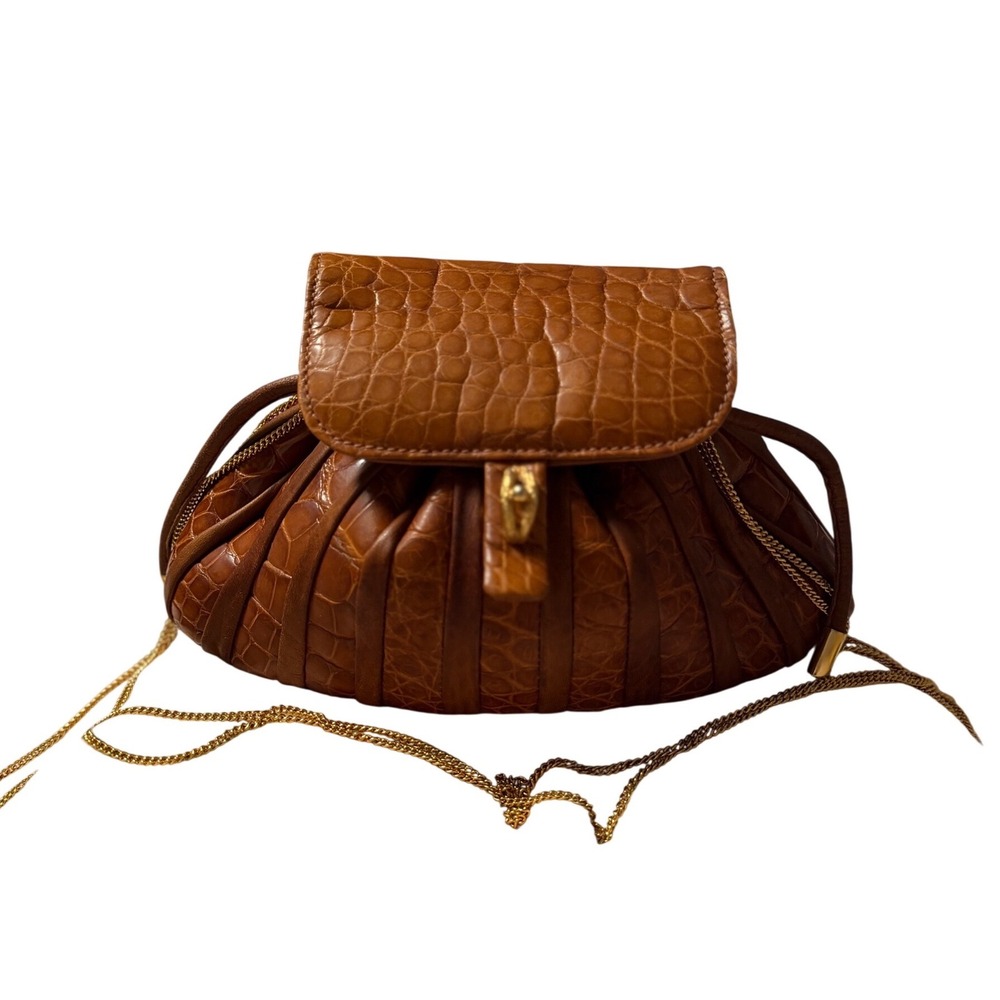 G. Ramon Paris Vtg Cognac Crocodile Embossed Leather Chain Crossbody Bag